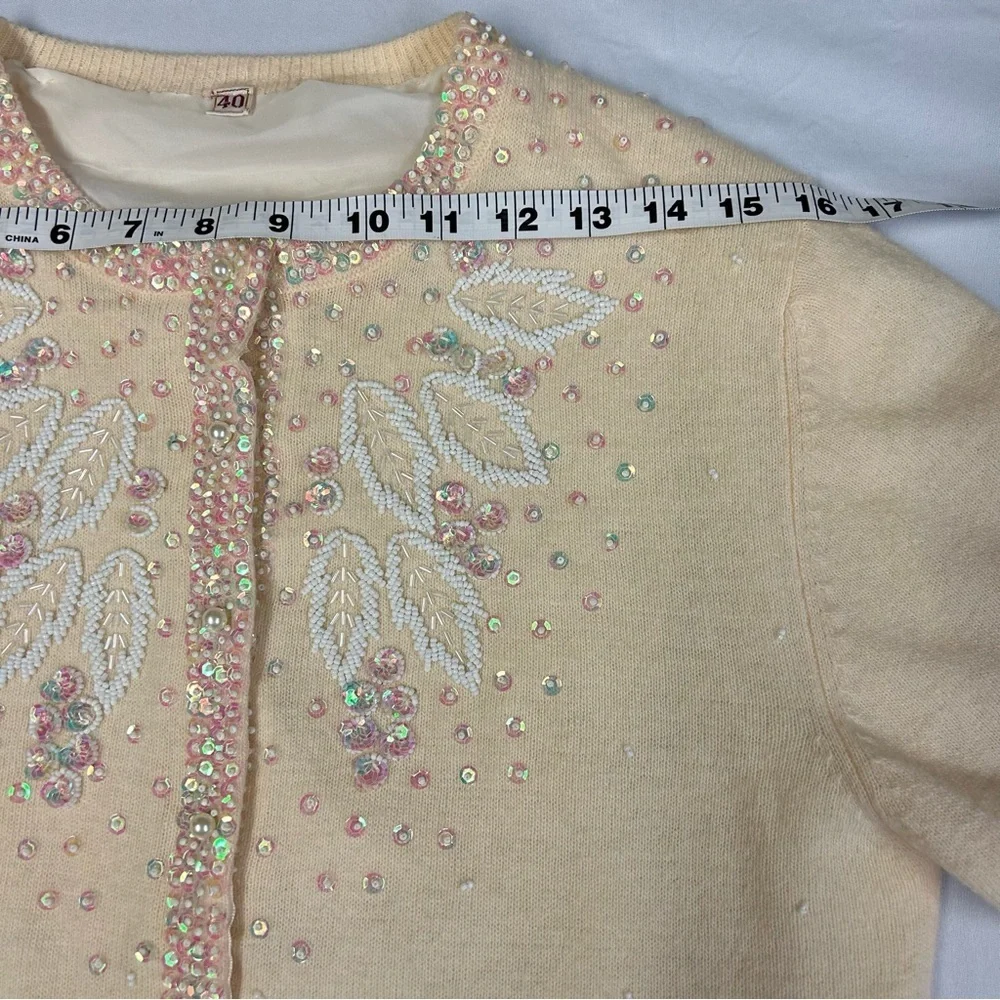 Vintage Wool Blend Cardigan Sweater Sequins Bead Embellished Ivory Grandmother - Picture 14 of 14